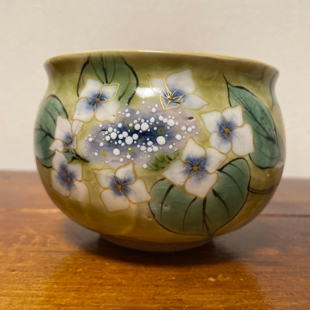 【Used・希少】京焼 清水焼 陶あん 京織部 がく紫陽花 中鉢 ヴィンテージ品
