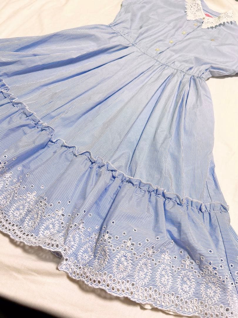 ケイトスペード サックスブルー 白 水色 ストライプ レース襟 半袖ワンピース