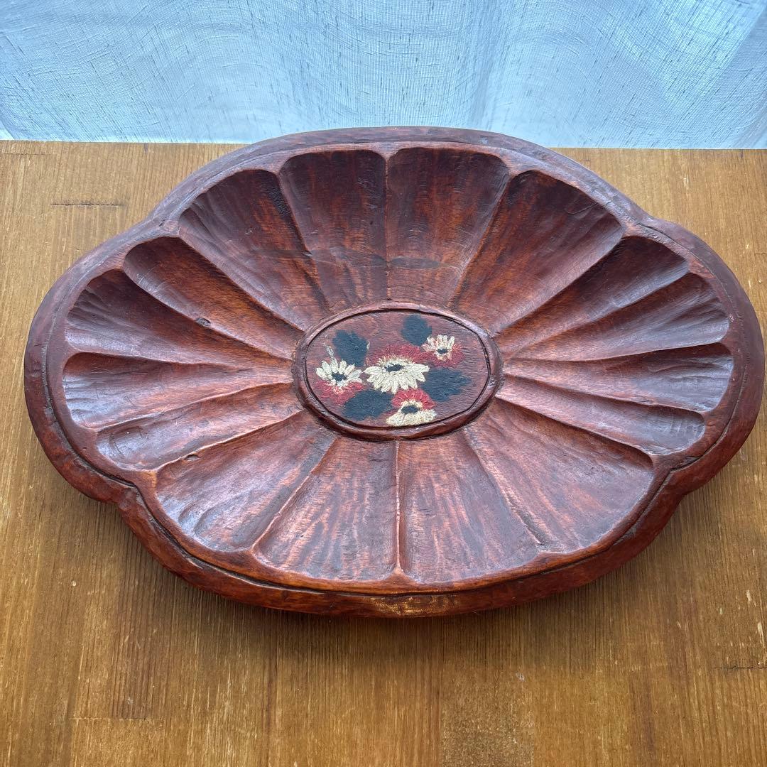 アンティーク　木製　トレー　皿　花　フラワー　北欧　スウェーデン