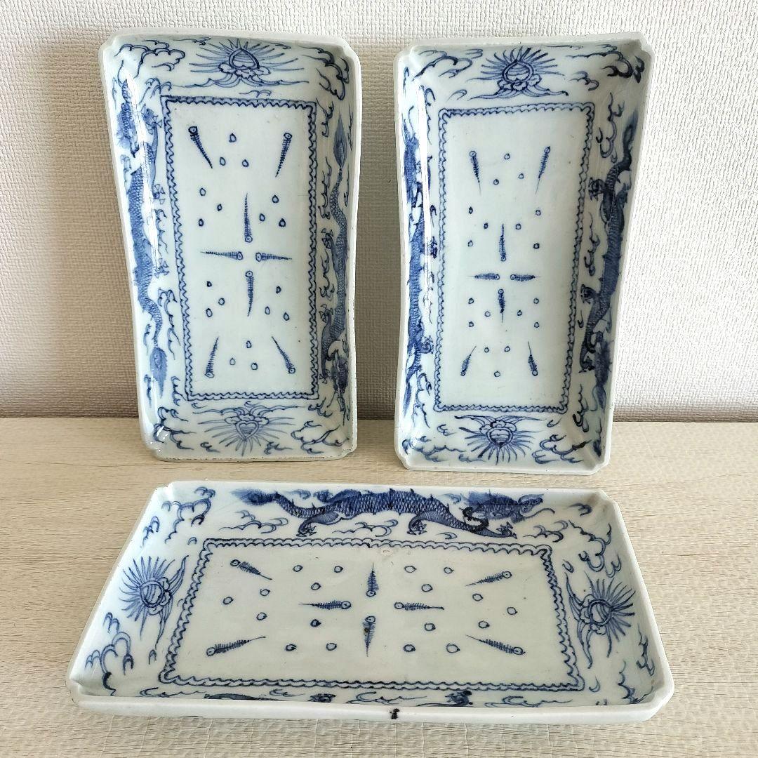 kico☆　３枚組　古伊万里　染付　線描　雲龍文　長皿