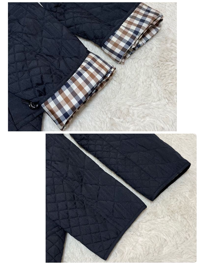 美品　アクアスキュータム　シャドーチェック　キルティング　ステンカラーコート　紺