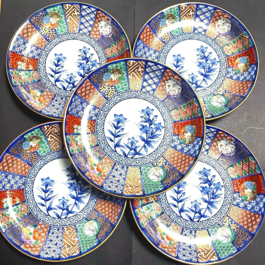 有田焼 古伊万里 盛皿揃 金彩 祥瑞花丸紋 5枚入 22cm