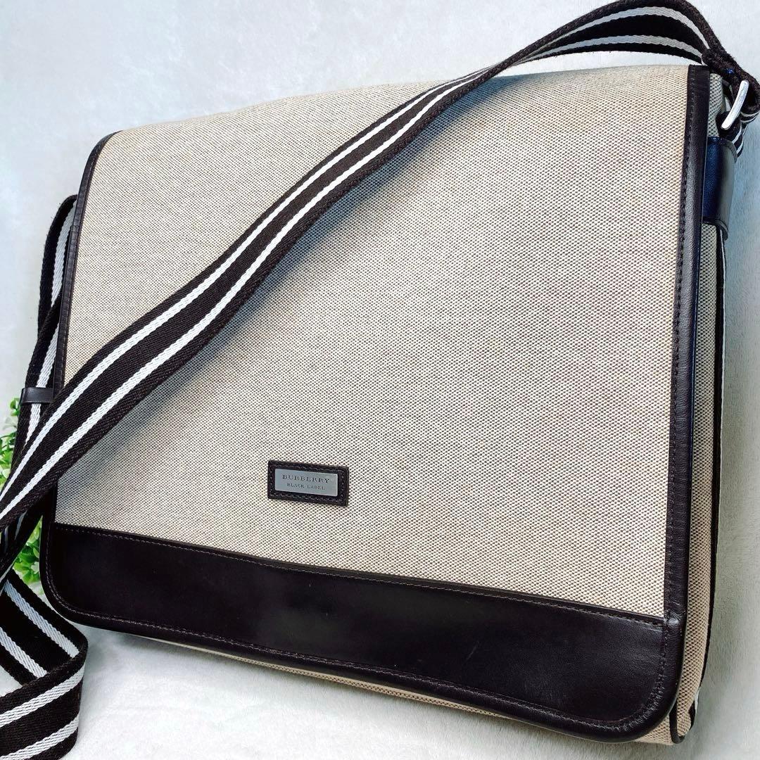 美品 バーバリーブラックレーベル ショルダーバッグ レザー キャンバス グレー