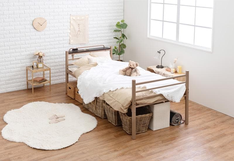 【ブラウン　シングル】 便利な宮棚付きのロングベッド <フレームのみ>