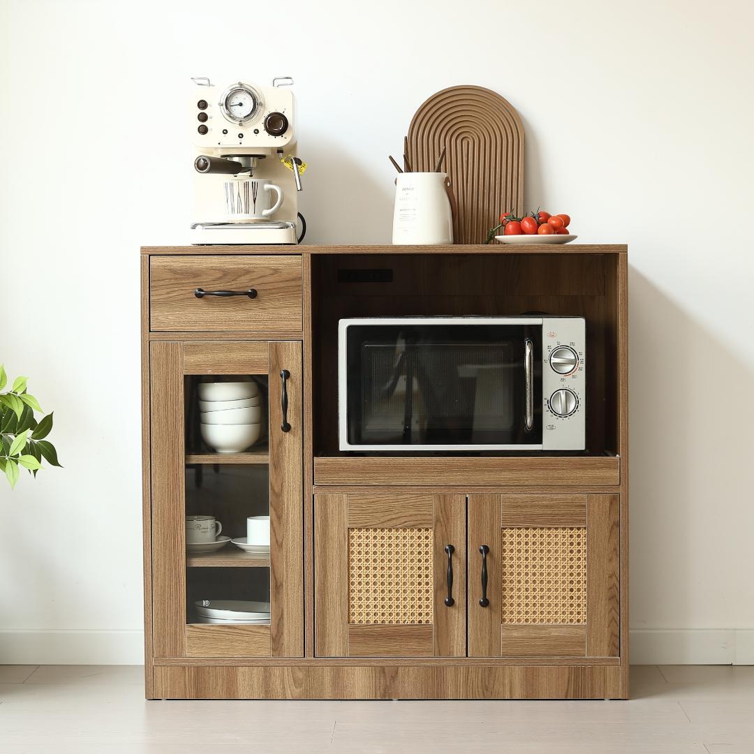 キャビネット レンジ台 キッチン収納 幅88cm ガラス コンパクトBROWN