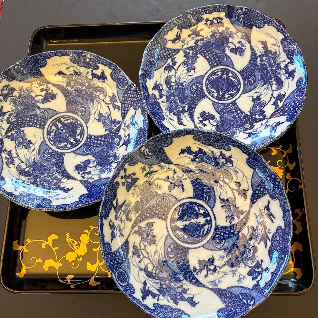 ★古伊万里★色絵　青絵　染付　骨董　7枚　中皿　アンティーク 印判　 正月