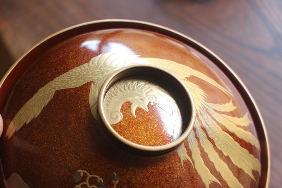 デッドストック！極上内朱梨地に優美な鳳凰蒔絵の映えるお椀2点（検輪島塗雑煮椀