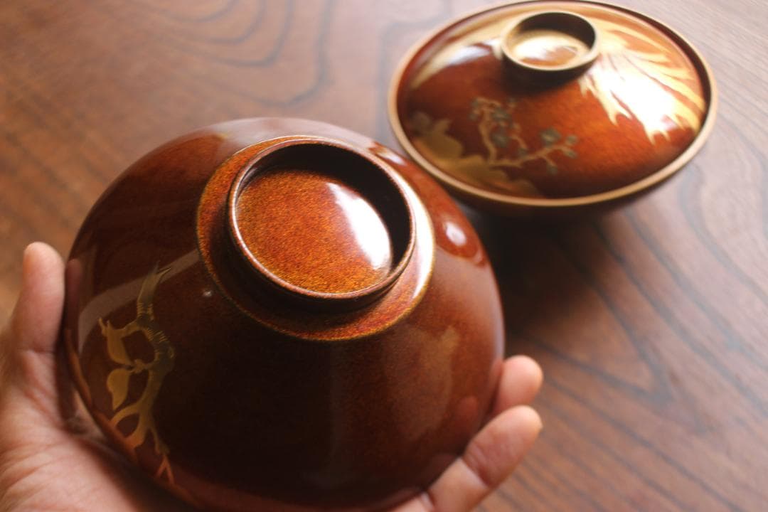 デッドストック！極上内朱梨地に優美な鳳凰蒔絵の映えるお椀2点（検輪島塗雑煮椀