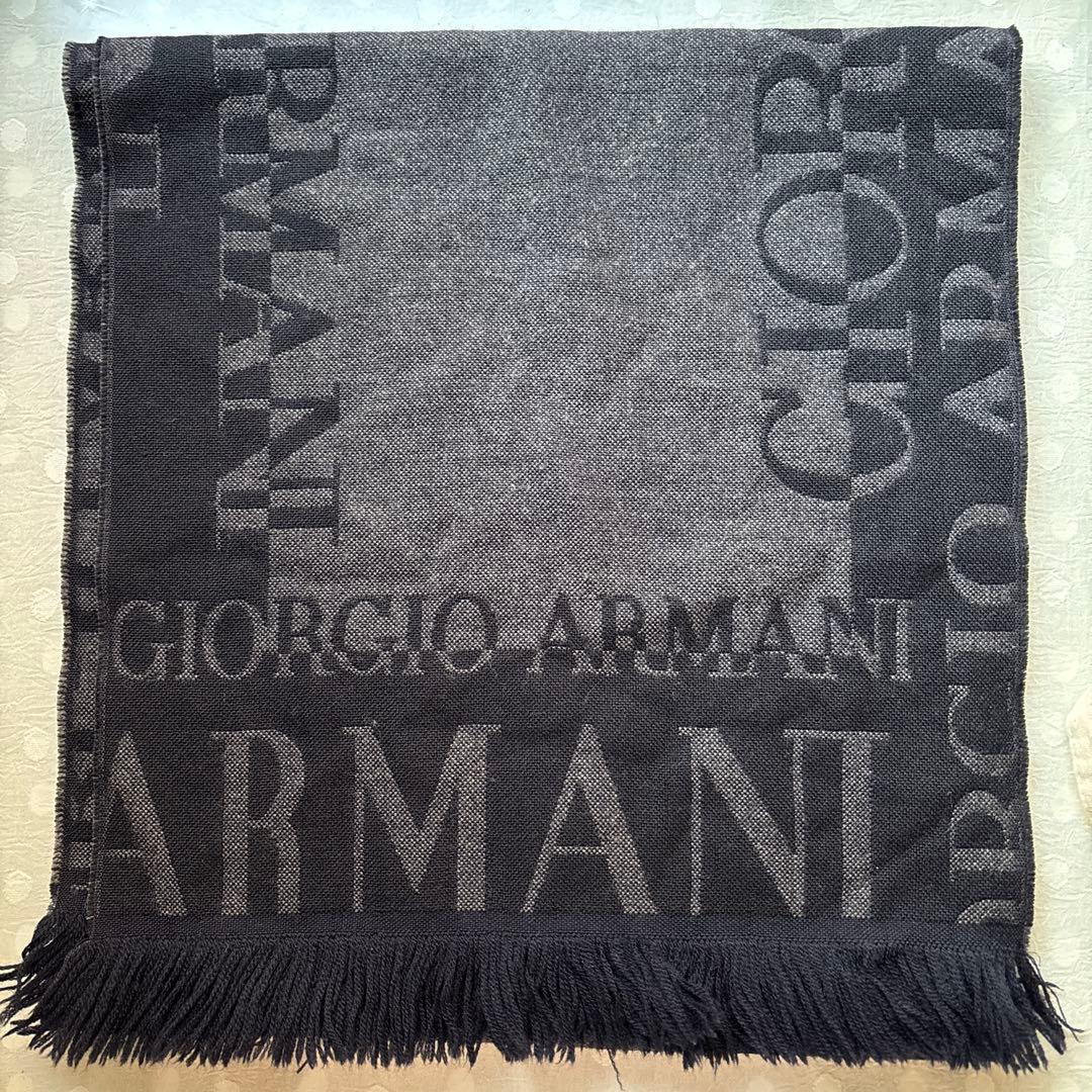 美品✨ジョルジオアルマーニ ウールマフラー フリンジ ロゴ ジャガード 黒