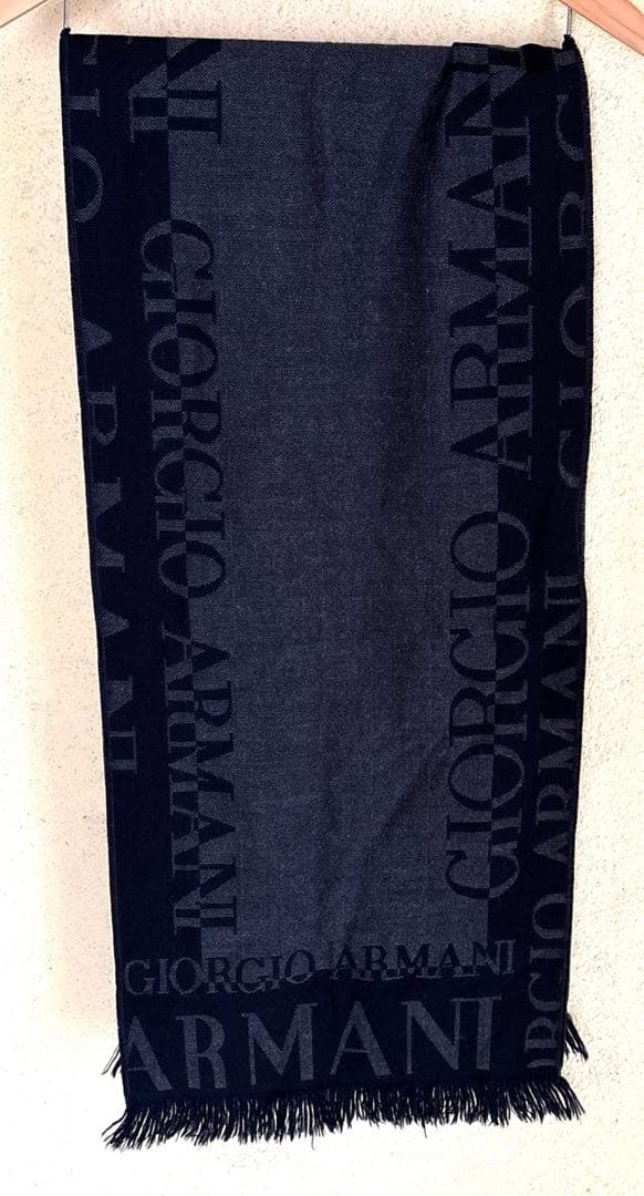 美品✨ジョルジオアルマーニ ウールマフラー フリンジ ロゴ ジャガード 黒