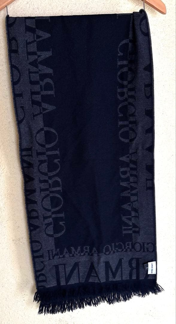 美品✨ジョルジオアルマーニ ウールマフラー フリンジ ロゴ ジャガード 黒