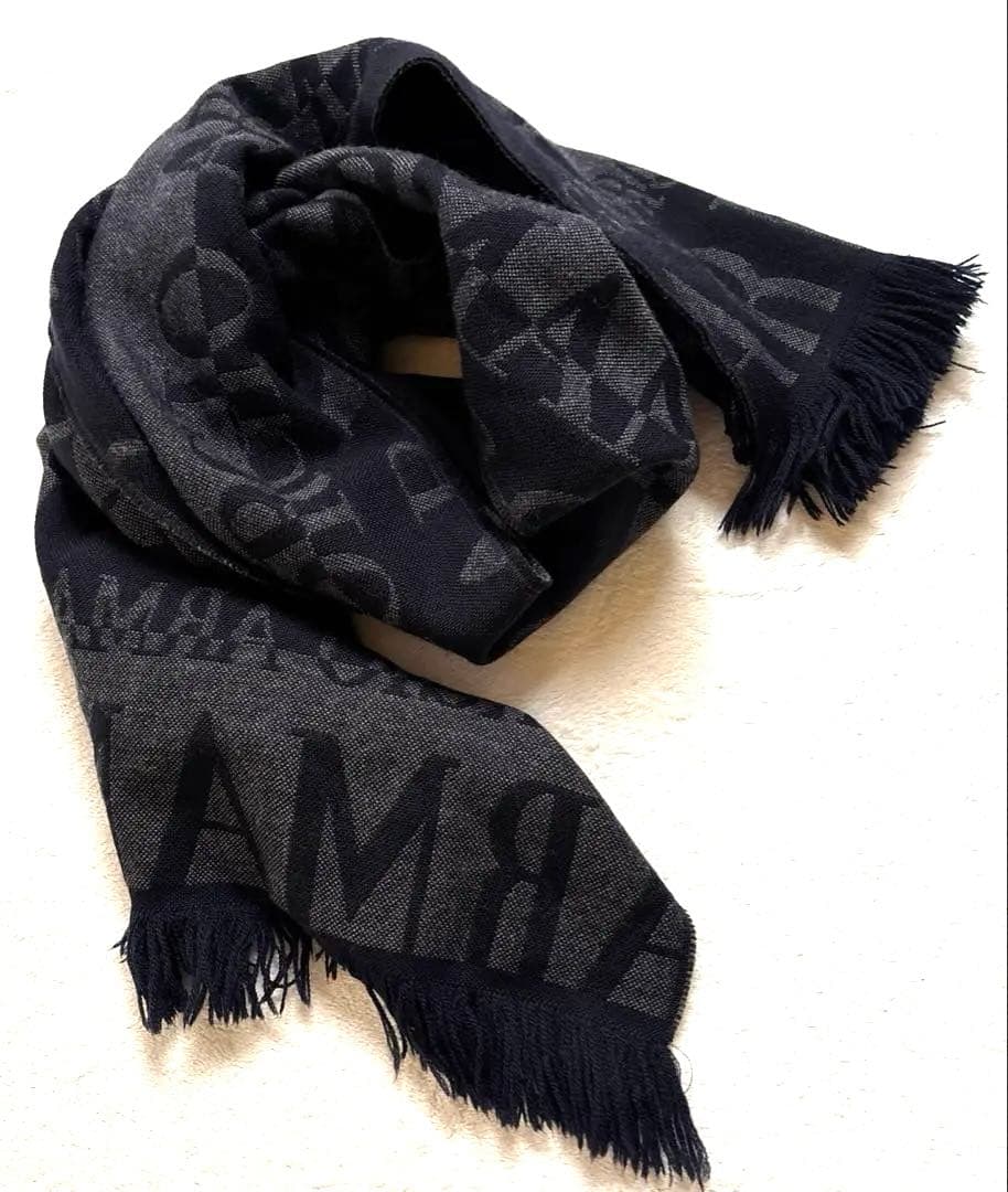 美品✨ジョルジオアルマーニ ウールマフラー フリンジ ロゴ ジャガード 黒