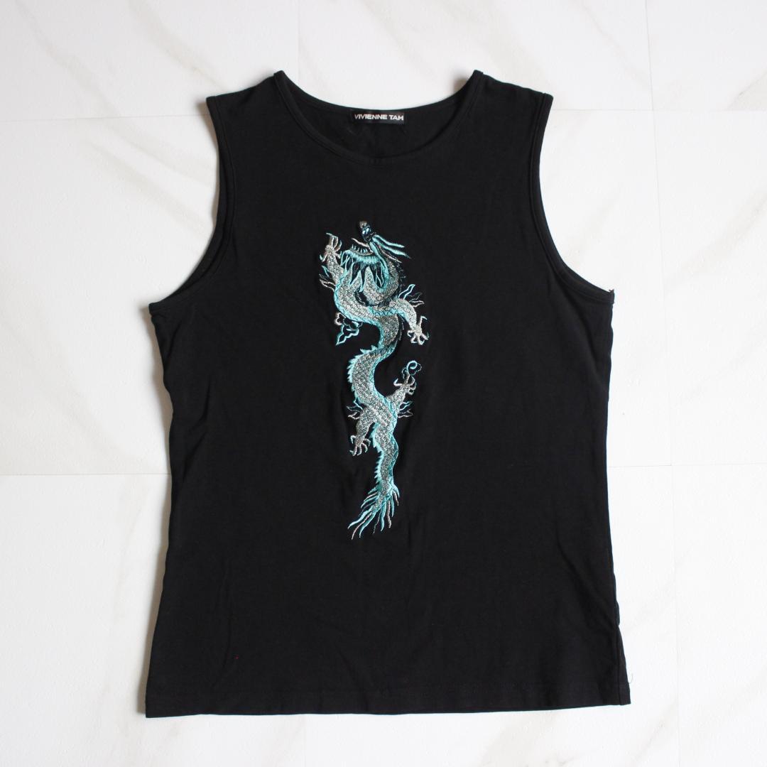 VIVIENNE TAM ドラゴン総刺繡タンクトップ ビジュー 水色 黒色