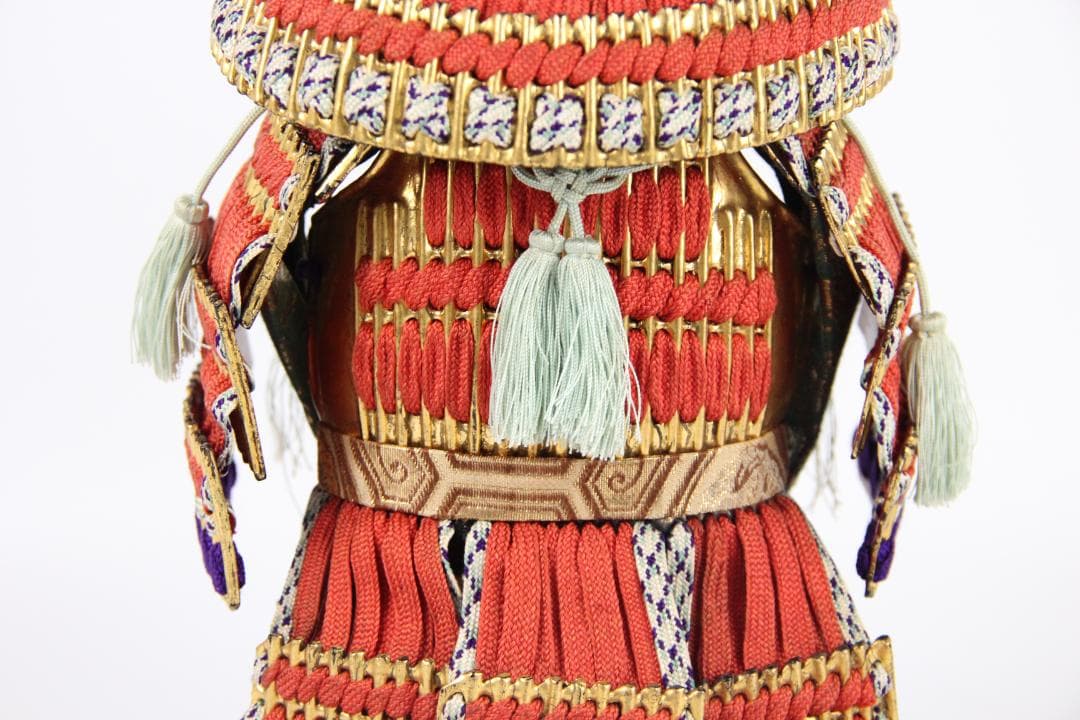 明治 谷本要助作 武者 赤糸威 金色兜 蝙蝠男面 鎧飾り 共箱 EG1-08