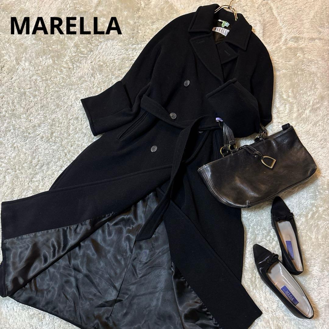 マレーラ アンゴラ混　マキシ丈 チェスターコート ダブルブレスト ベルト付き 黒