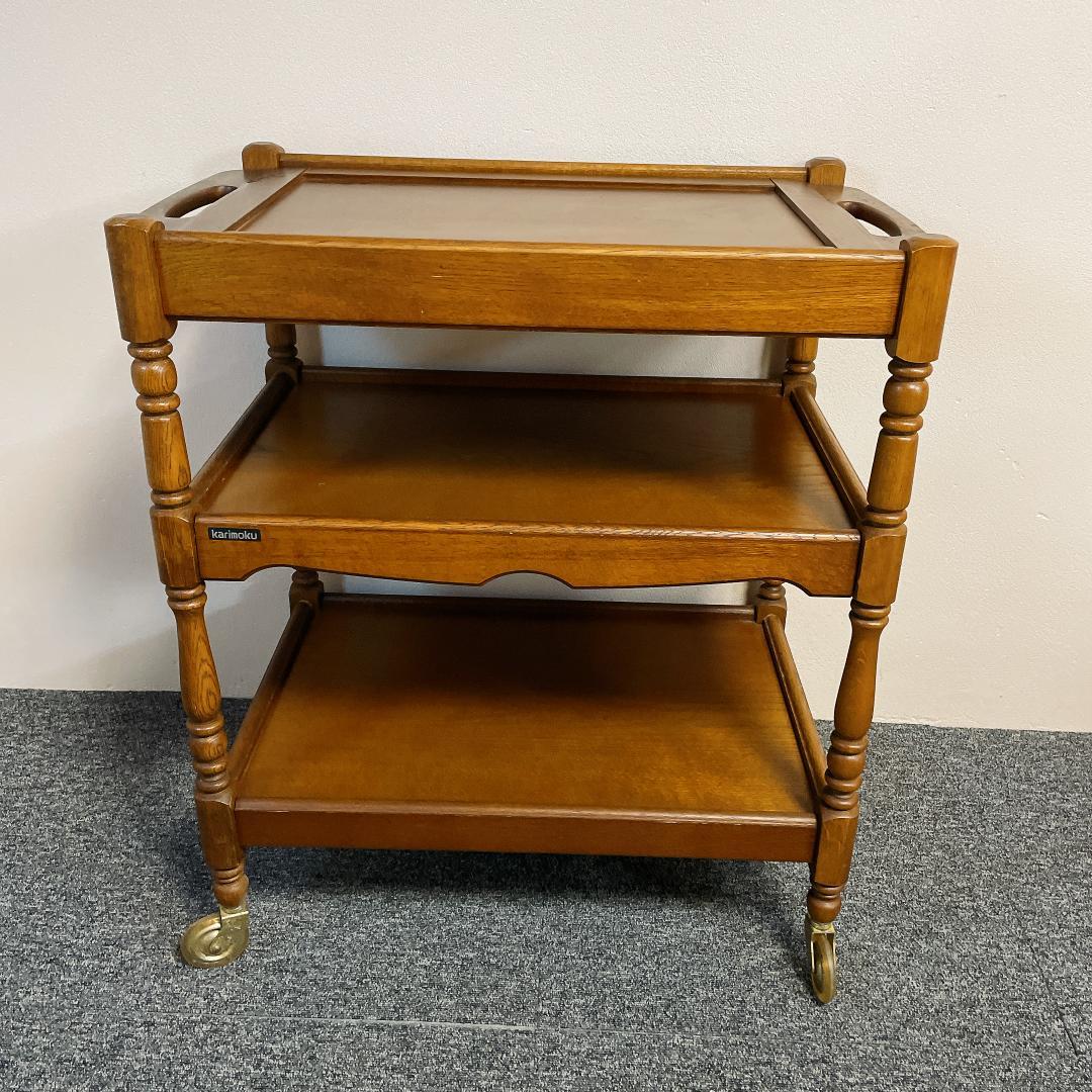 美品　カリモク キッチンワゴン 3段 キャスター アンティーク トレー取外し可