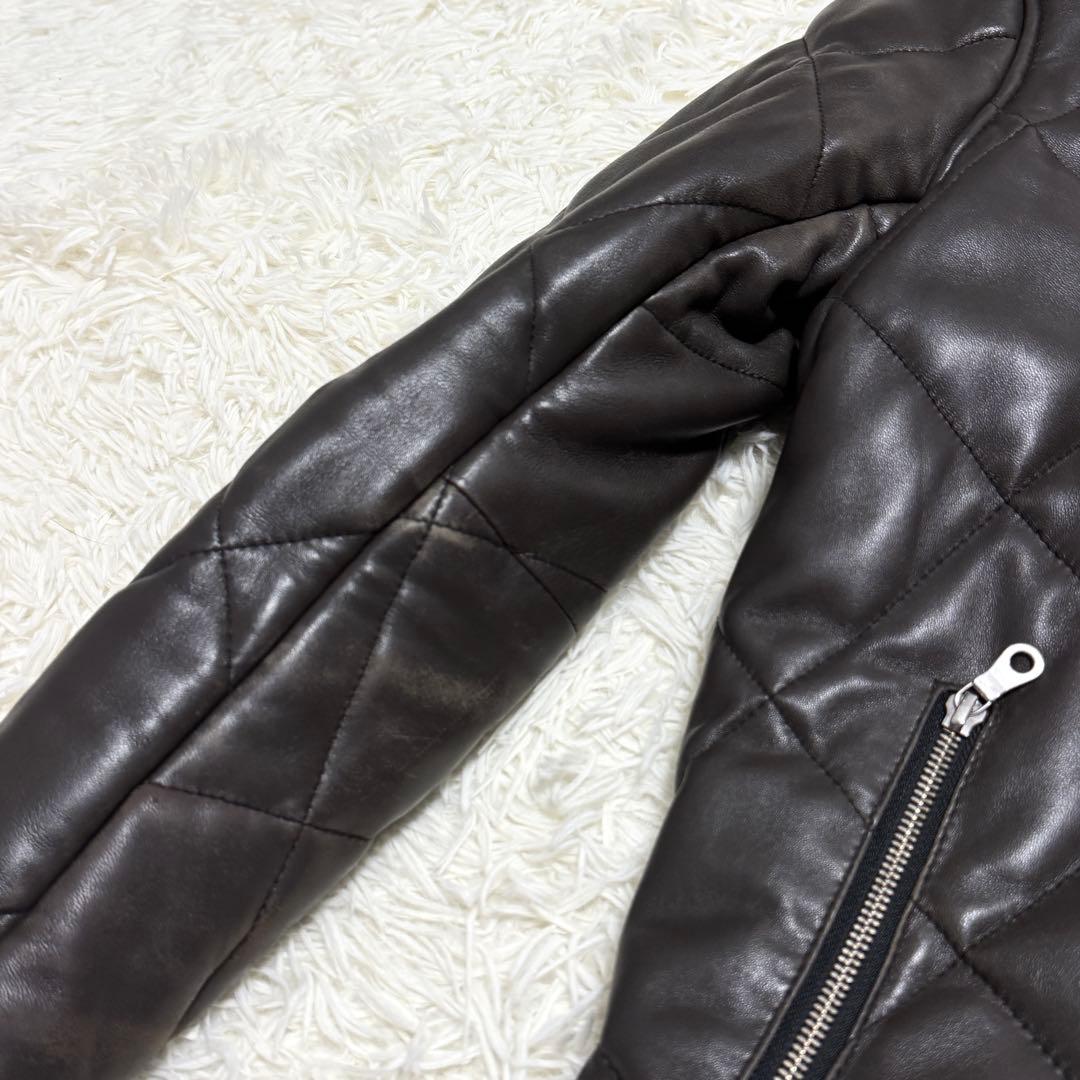 【良品】NO ID. ラムレザージャケット 羊革 キルティング フード ブラウン