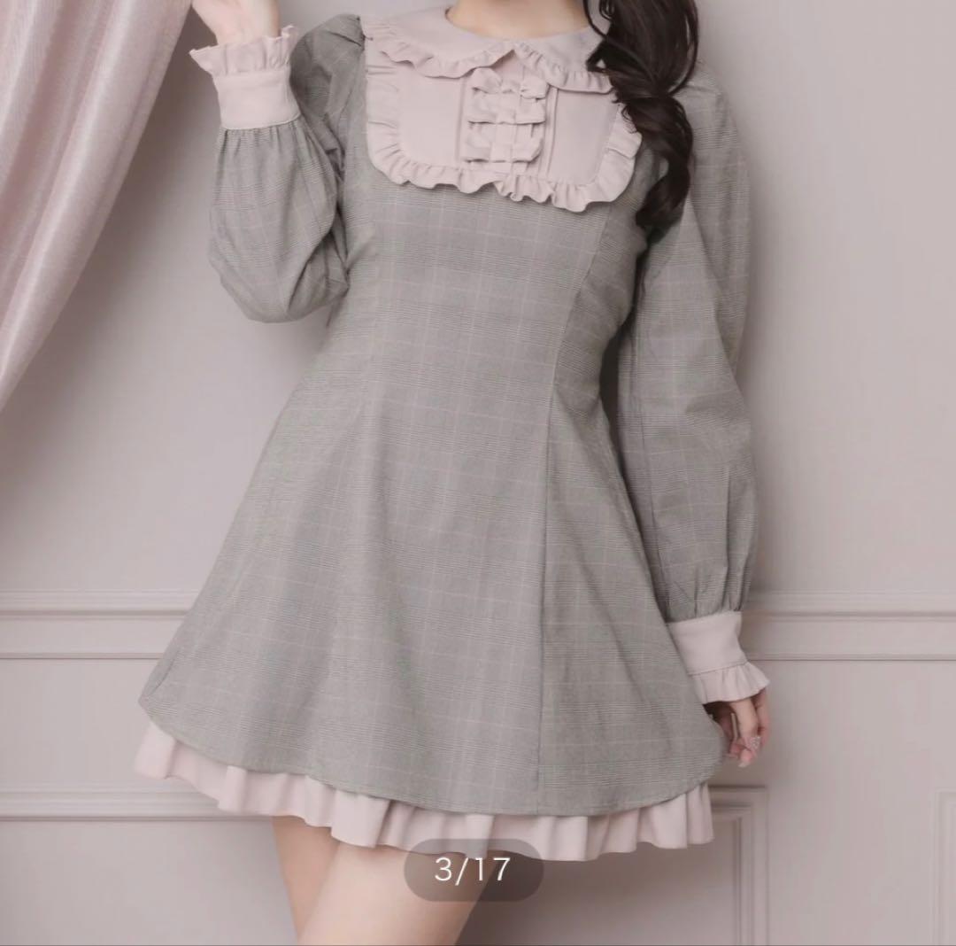 piumu スクエアフリルリボンドーリーワンピース グレー