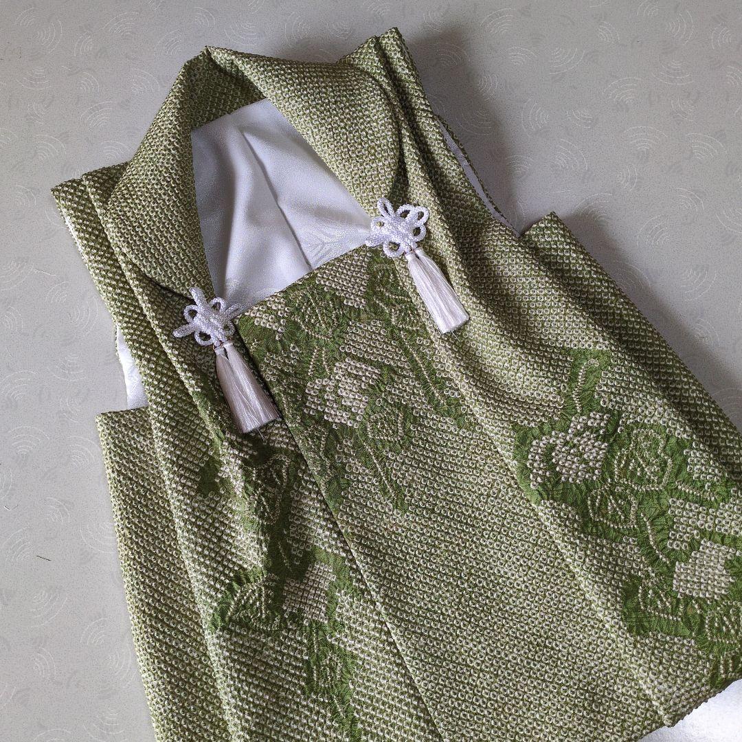 七五三３歳正絹総絞り手縫いの被布(抹茶色前のみ柄入り）