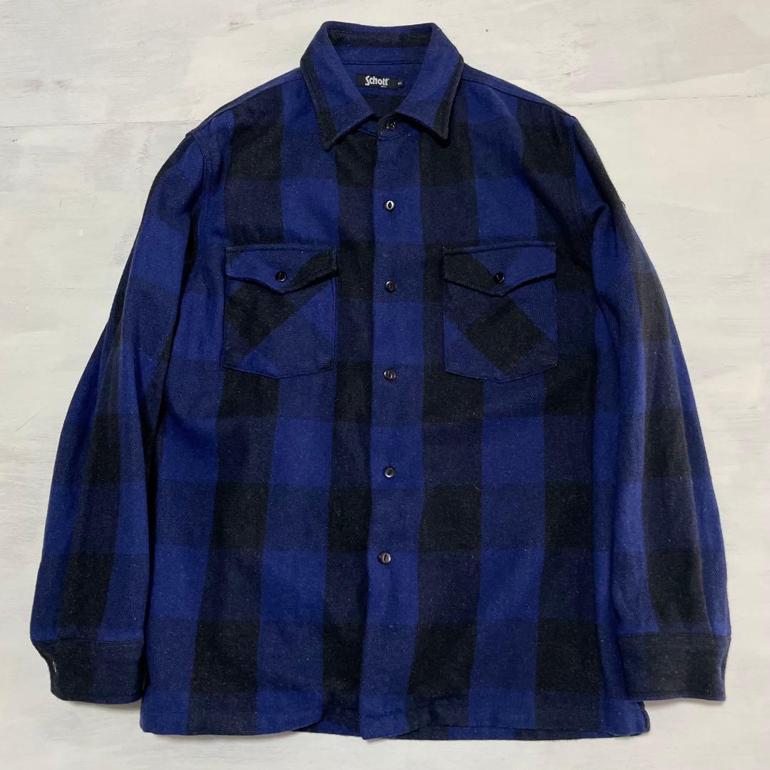 レア schott バッファローチェック ネルシャツ ウール ヘンプ 青×黒