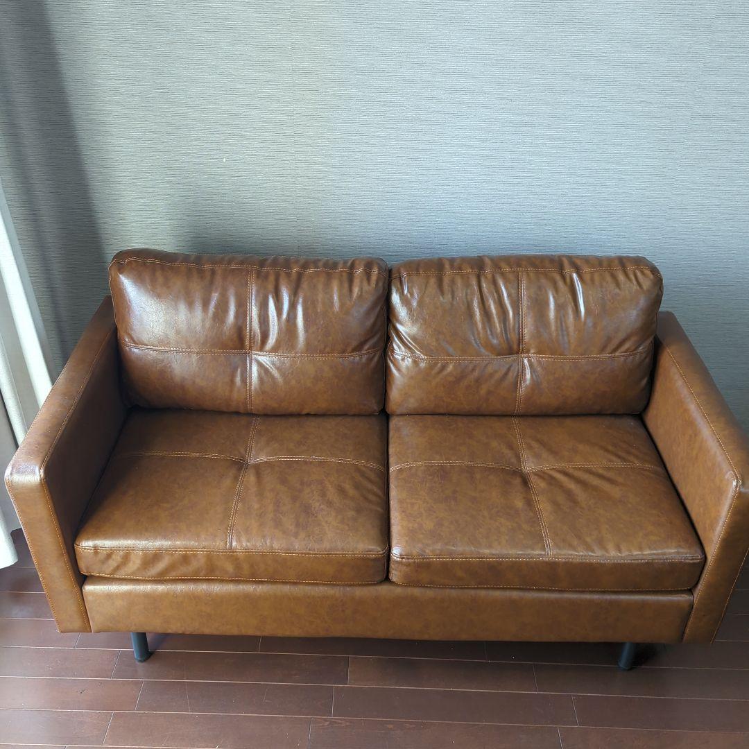 ブラウン合成皮革2人掛けソファ