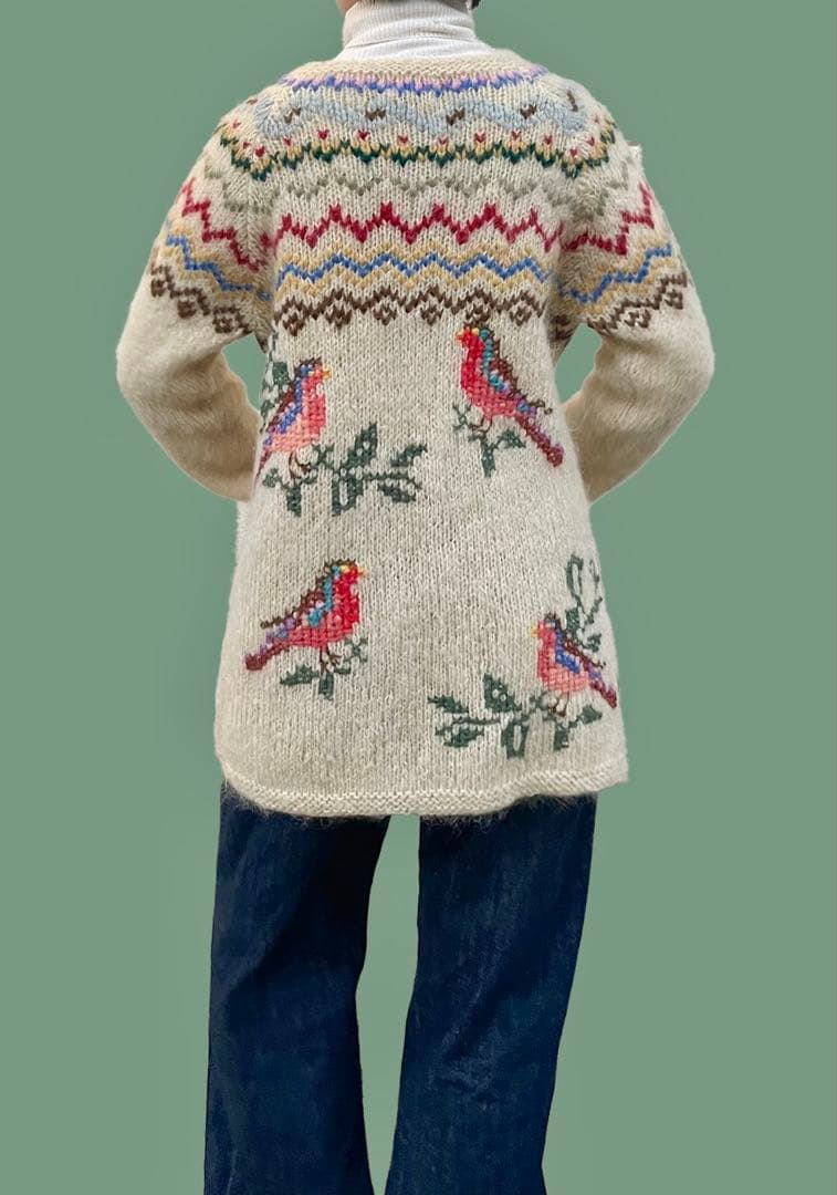 70s ユーロ ヴィンテージ クリーム色 ニット 古着 鳥刺繍 手編み 民族衣装