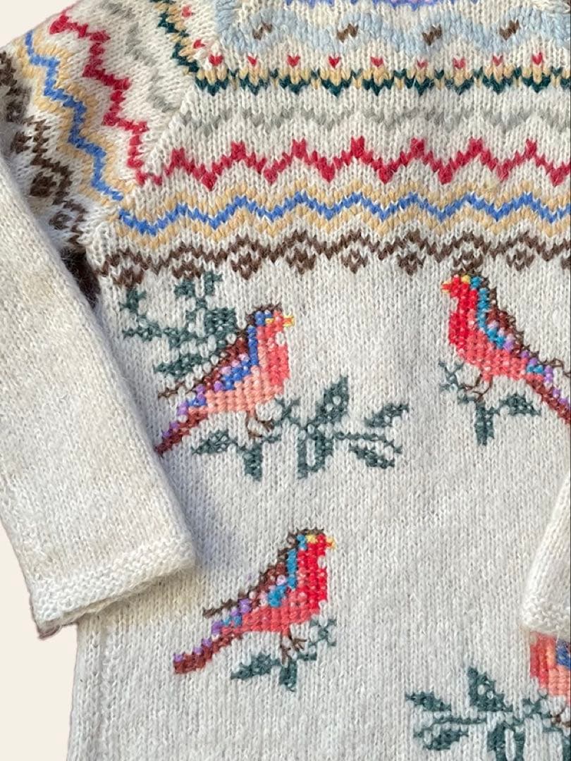 70s ユーロ ヴィンテージ クリーム色 ニット 古着 鳥刺繍 手編み 民族衣装