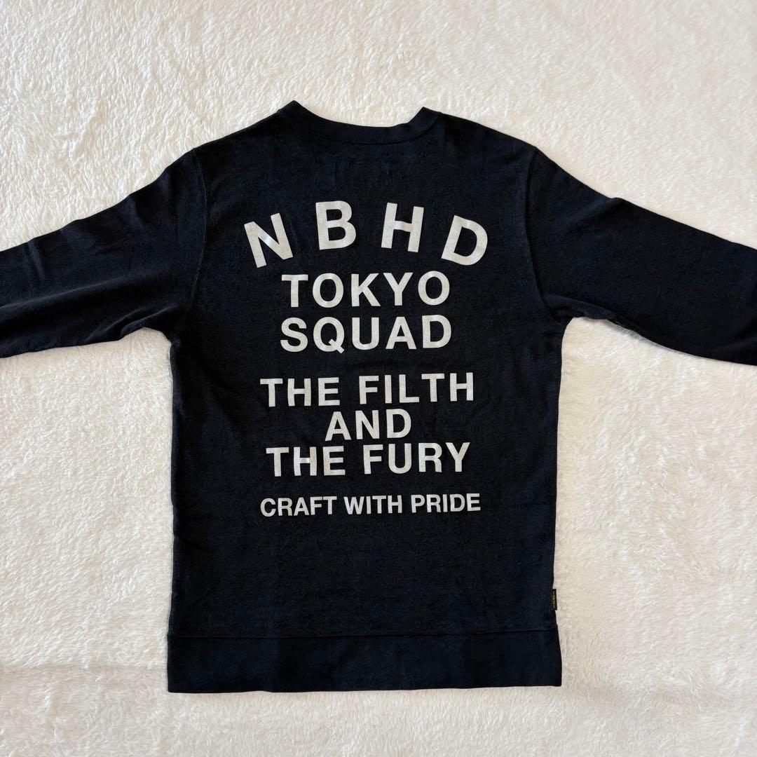 ネイバーフッド 綿×レーヨン リブ付き長袖T 1ポイント刺繍＋フロッキープリント