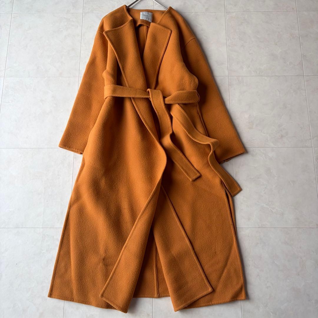 スピックアンドスパン ウール ノーカラーロングコート オレンジ 38 M ベルト