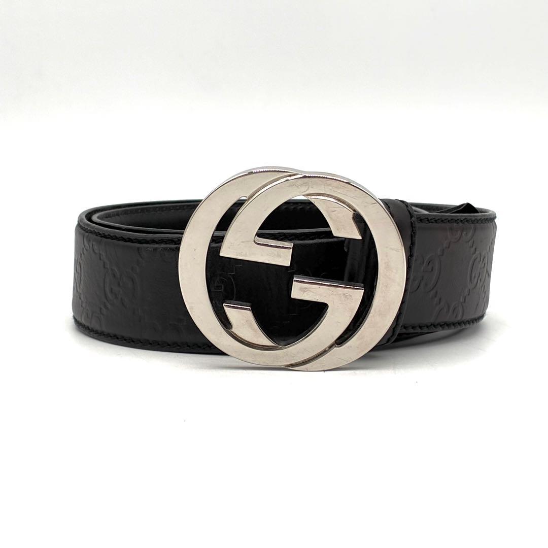 美品 GUCCI グッチ ベルト インターロッキング シマレザー GG ブラック