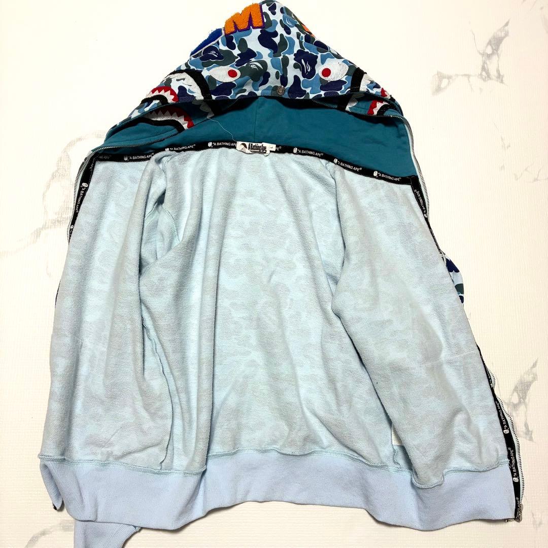 希少 A BATHING APE シャークパーカー ブルー カモフラ エイプ L