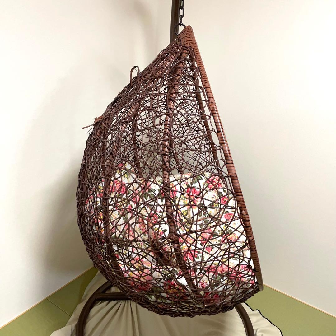◆【直接受渡し限定】ハンギングチェア 花柄クッション付き ブラウン