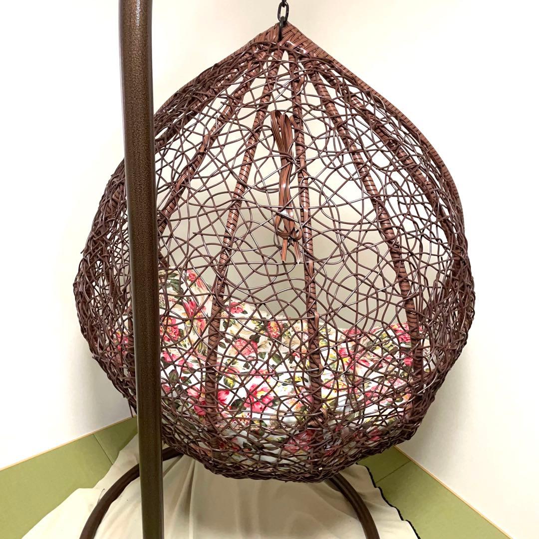 ◆【直接受渡し限定】ハンギングチェア 花柄クッション付き ブラウン