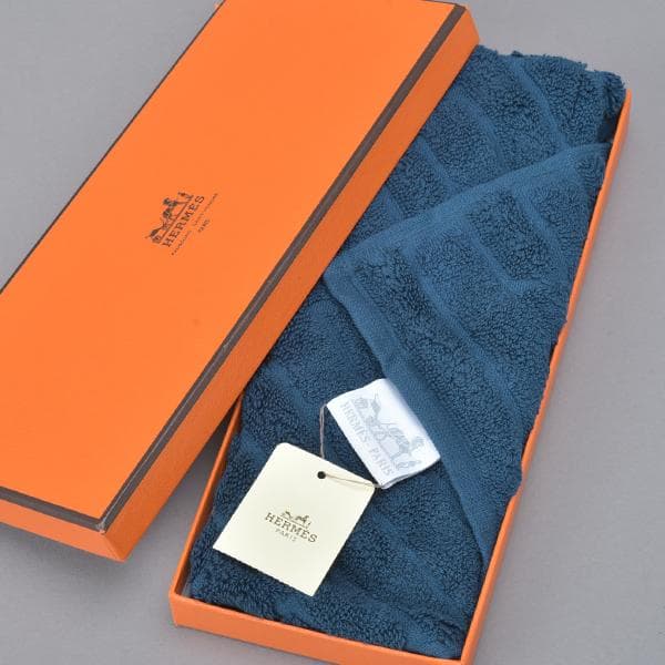 未使用◇エルメス カレ・タオル ラビリンス ハンドタオル コットン ブルー 箱付