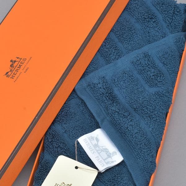未使用◇エルメス カレ・タオル ラビリンス ハンドタオル コットン ブルー 箱付