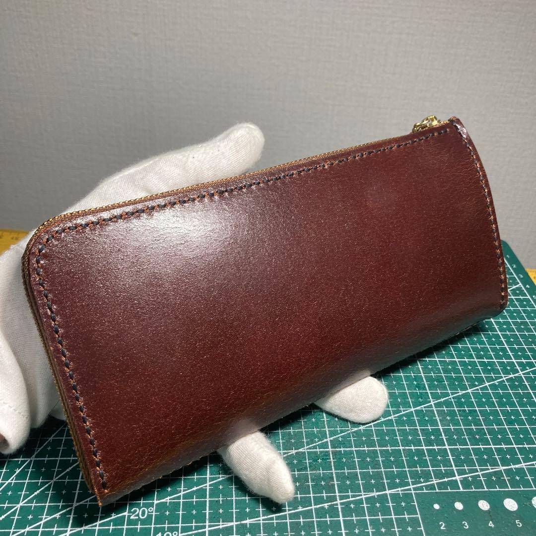 ハンドメイド　ブラウンヌメ革レザー長財布 ゴールドファスナー付き