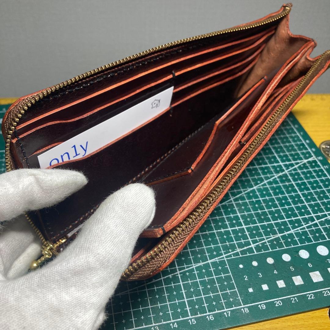 ハンドメイド　ブラウンヌメ革レザー長財布 ゴールドファスナー付き