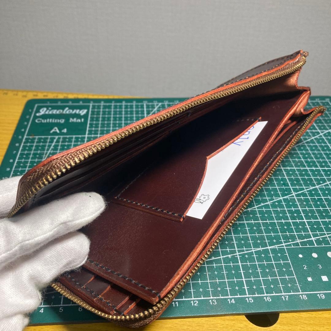 ハンドメイド　ブラウンヌメ革レザー長財布 ゴールドファスナー付き