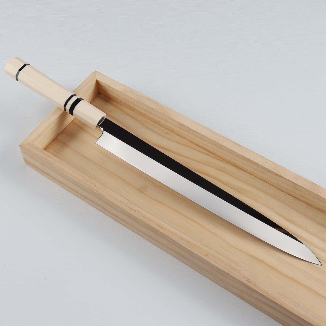 5550 柳刃包丁 尺寸 ウルトラ鏡面仕上げ 刺身包丁 人工象牙黒三本巻八角柄