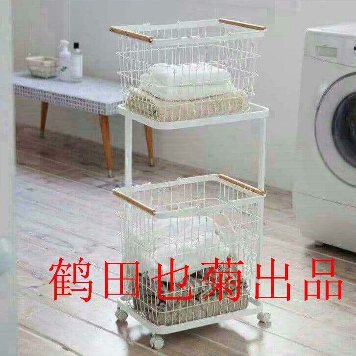 【大人気】洗濯かご ランドリーラックバスケット付き２段ワゴンナチュラル 白鹤K