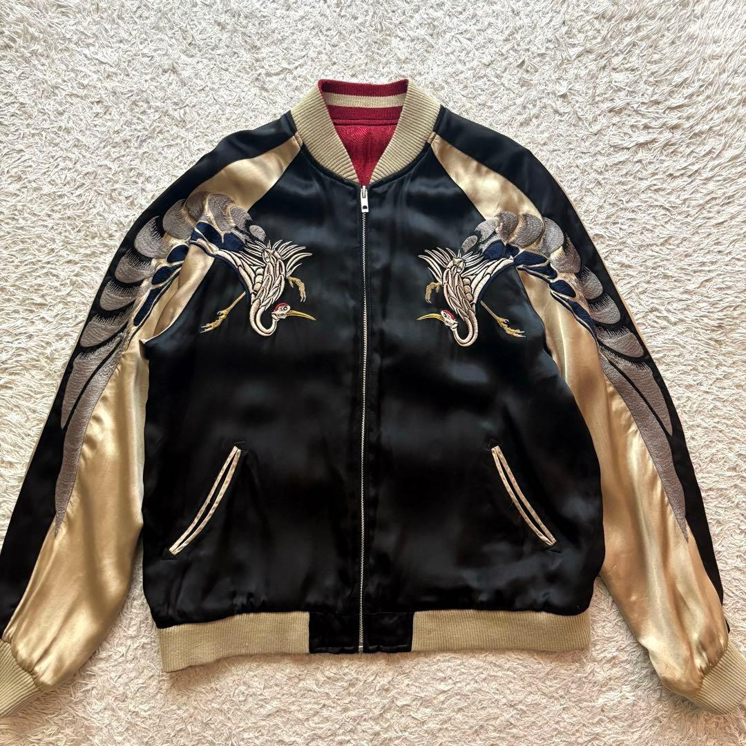 ★リバーシブル★ 花旅楽団 スカジャン 刺繍 鶴 狛犬 リブニット ジップアップ