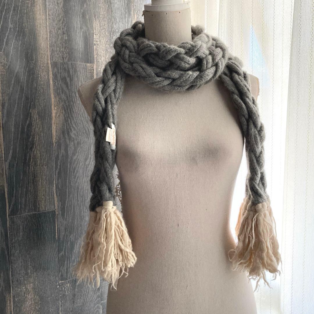 pashma 美品 ロングマフラー カシミア100% 編み込み ライトグレー