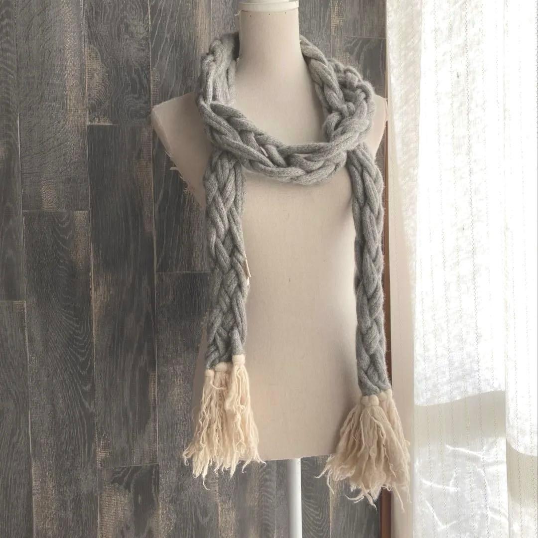 pashma 美品 ロングマフラー カシミア100% 編み込み ライトグレー