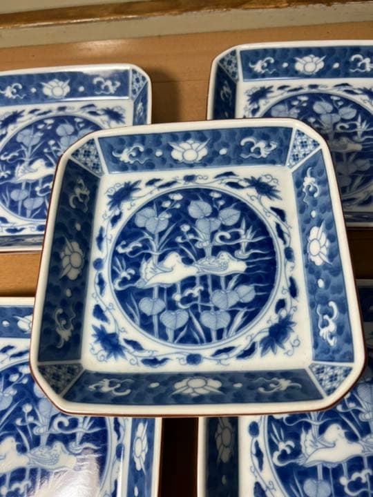 329 深川製磁　時代物　角皿セット 染付オシドリ  6客　古美術品