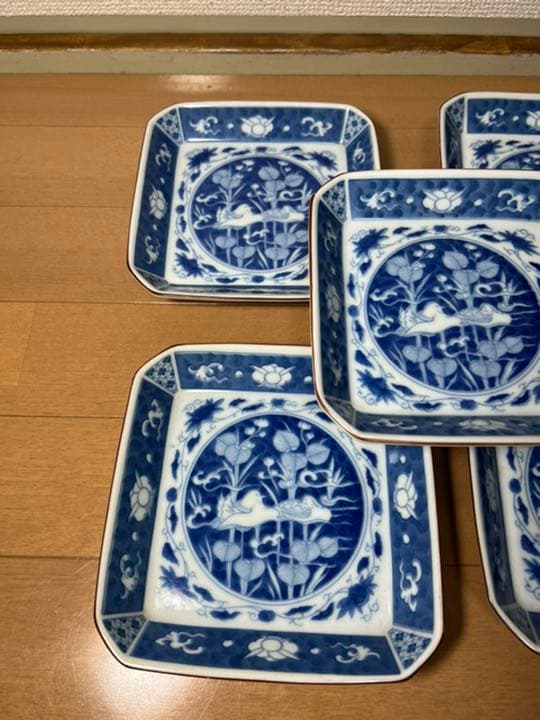 329 深川製磁　時代物　角皿セット 染付オシドリ  6客　古美術品
