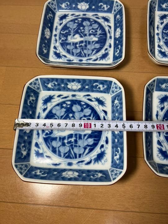 329 深川製磁　時代物　角皿セット 染付オシドリ  6客　古美術品