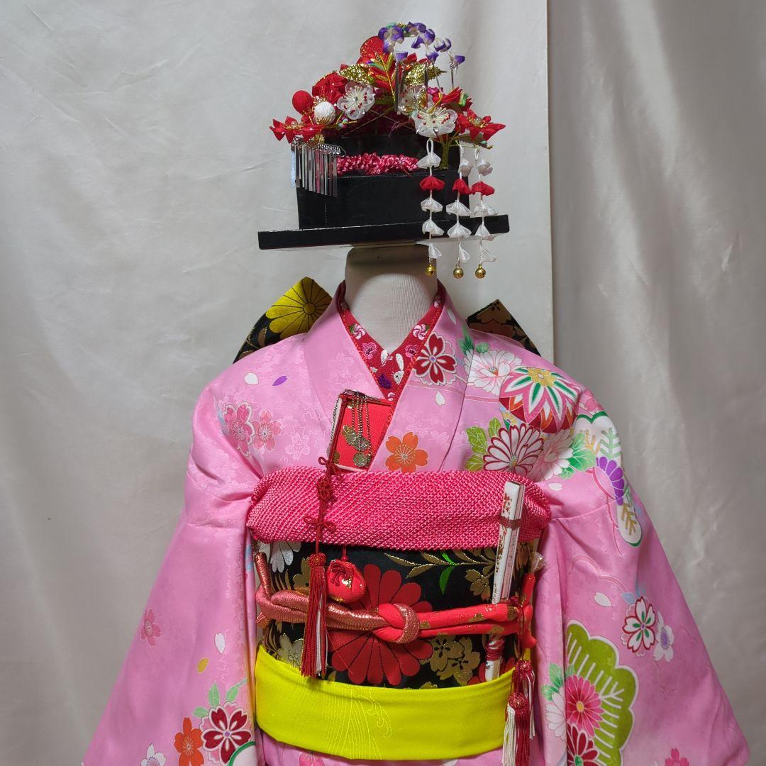 七五三　７歳用　ピンク着物コーディネート一式　簪セット付き　美品