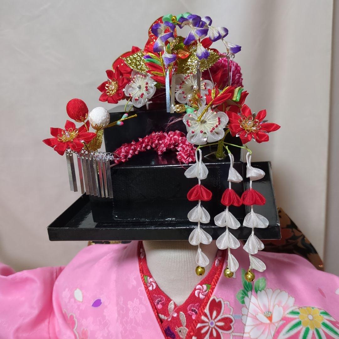 七五三　７歳用　ピンク着物コーディネート一式　簪セット付き　美品