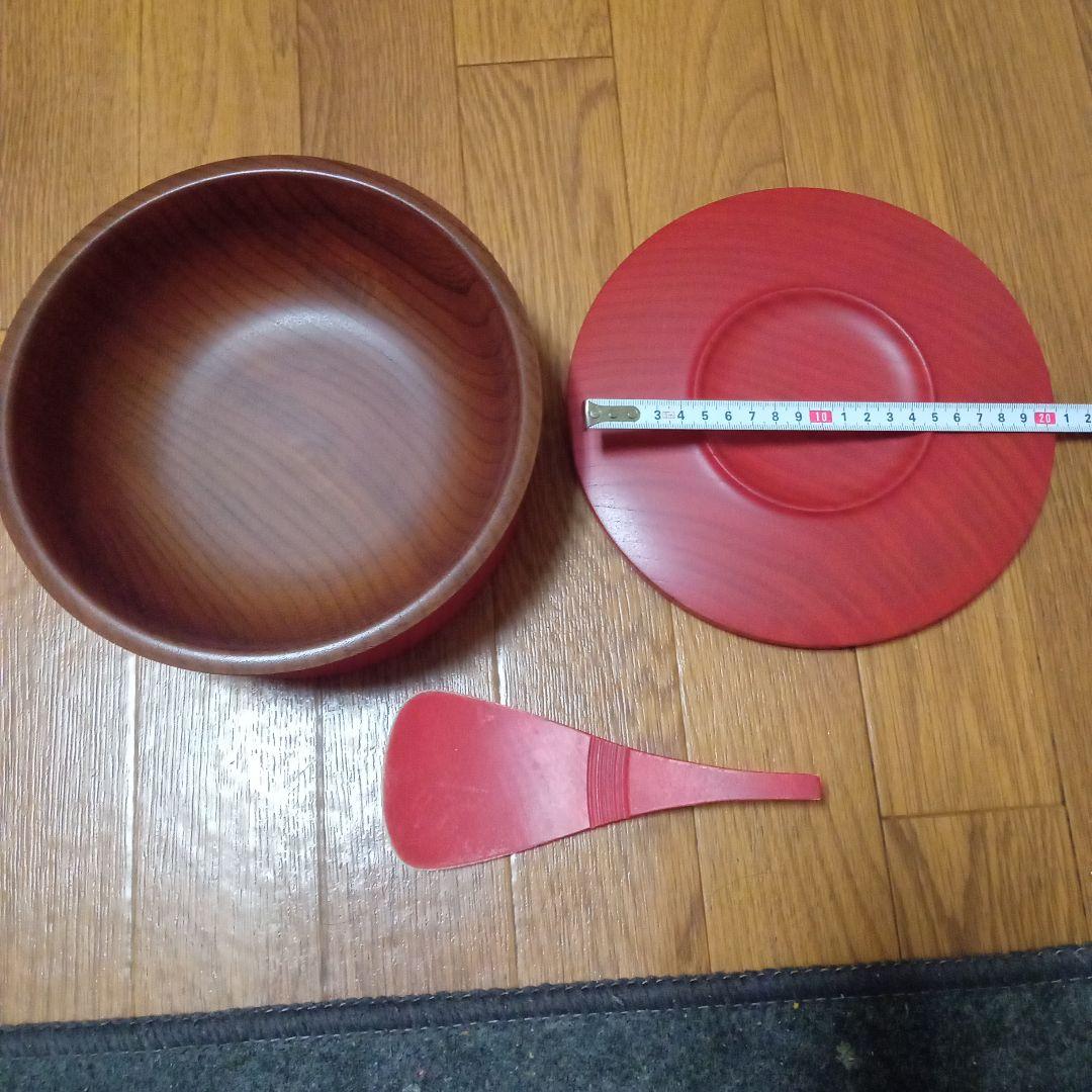 卯之松堂　木製 赤 朱色おひつ しゃもじセット 直径約20cm