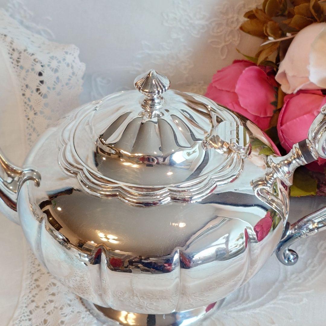 シルバーポット　シルバープレート製　メロン型　ヴィンテージ　アンティークシルバー